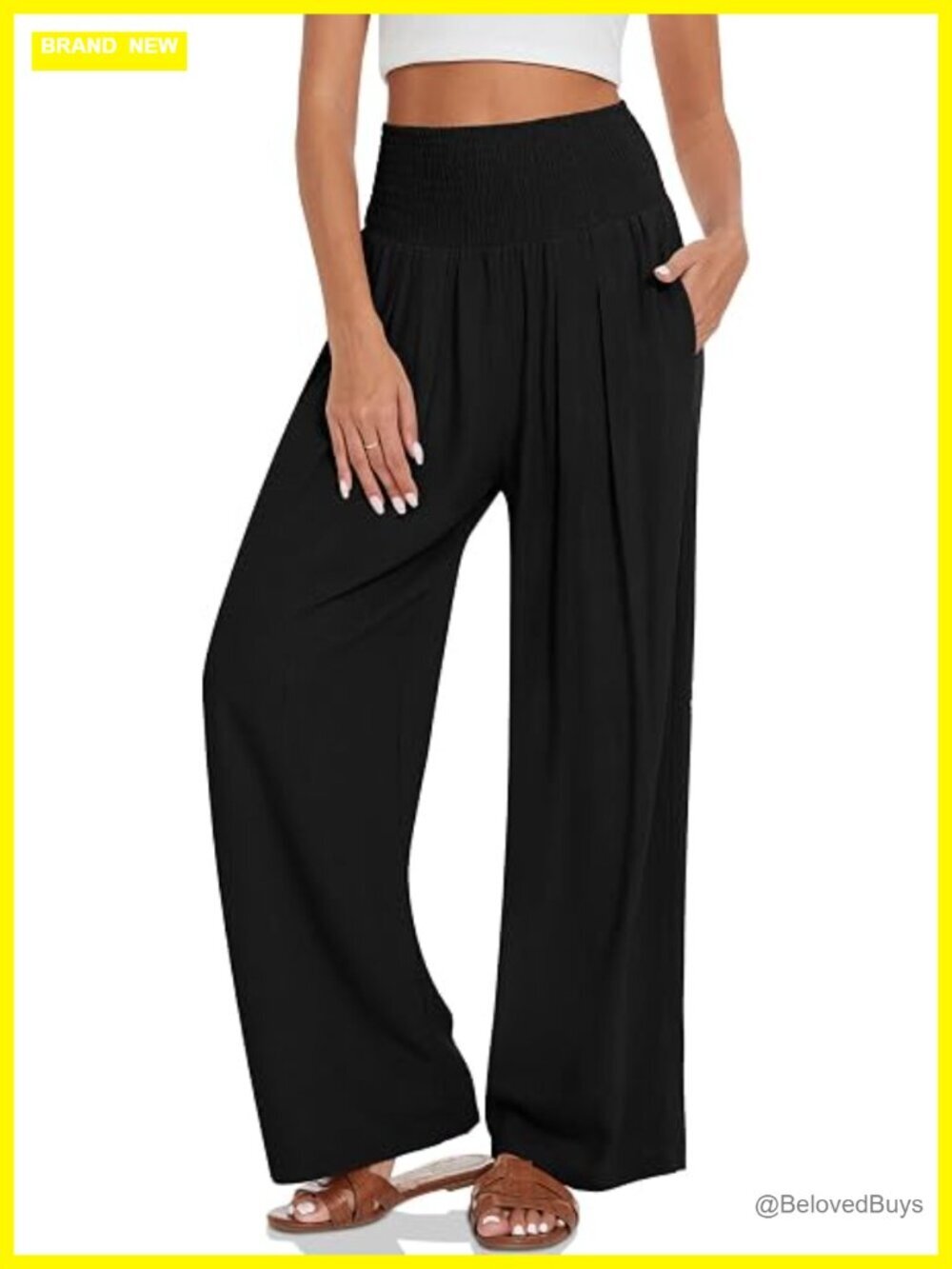 Linen Palazzo Pants Wide Leg High Waisted Lounge Beach Pants with Pockets